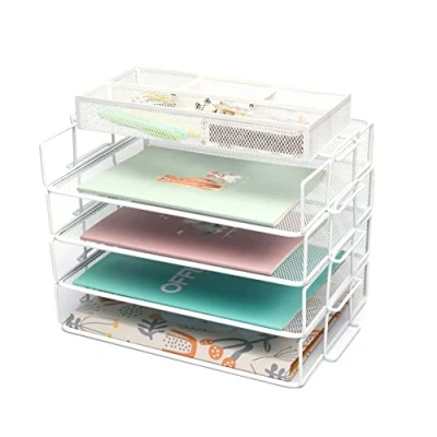 Imagen de Exerz Organizador de Escritorio Alambre, Paquete 5 Piezas, clasificador Papel apilable 4 Niveles con Accesorios, 3 Compartimentos Soporte para Archivos (5 Piezas Blanco)