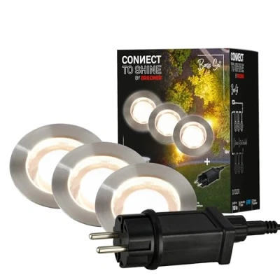 Imagen de Briloner Iluminación de jardín Connect to Shine 12 V, juego 3 focos LED empotrables suelo, básico con transformador, IP67, luces 45x 25 mm, plateado
