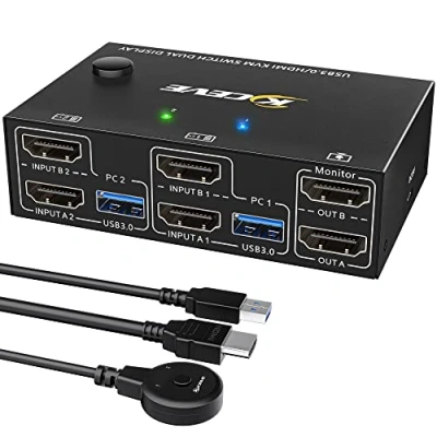 Imagen de USB 3.0 HDMI Conmutador KVM 2 PC Monitores, Simulación EDID, 4K@60Hz Pantalla extendida, 2.0, Dual Monitor Switch Teilen Kabellose Tastatur, Maus, mit Wired Remote y 4 Kabeln