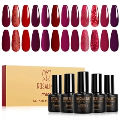 Imagen de ROSALIND Esmaltes Semipermanentes Rojo, 12 Color Rojo Burdeos Oscuro Glitter Para Uñas, Soak Off UV LED Pintauñas Nail Art Manicure Regalo
