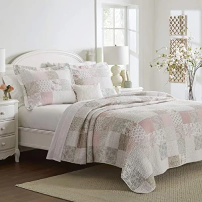 Imagen de Laura Ashley Home Juego de edredón Reversible algodón con Fundas a Juego, decoración del hogar, Ideal para Todas Las Estaciones, 100% Celina Patchwork Rosa/Salvia, tamaño Individual