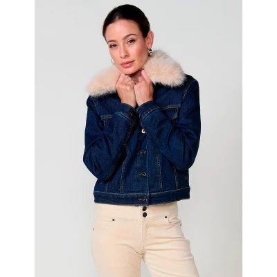 Imagen de Koroshi FUR Effect Lining Chaqueta vaquera, Mujer, Talla: Large, Azul osc dark blue