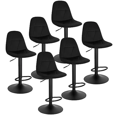 Imagen de Lestarain Juego de 6 Taburetes Bar, Bistro con Respaldo, Cocina Altura Ajustable Entre 60 y 81 cm, Terciopelo Giratorio 360, Negro, LBAI64003