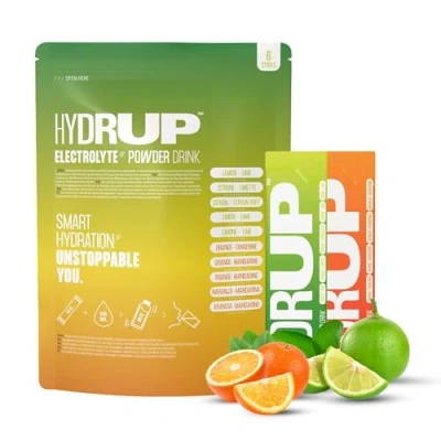 Imagen de Hydrup Electrolitos Sin Azucar en Polvo, 1733 mg de Hidratacion Naranja Mandarina y Lima Limón Altamente Concentrados con Vitaminas Minerales, 6 Unidades (Mix)