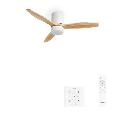 Imagen de CREATE / WINDCALM LINE/Ventilador de techo con luz blanco madera natural y líneas horizontales controlador mando 40W, Ø132 cm, 3 temperaturas luz, temporizador, función verano invierno