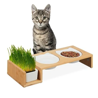Imagen de Relaxdays Comedero Gatos con Cuenco de Hierba, 2 Platos Cerámica 400 ml, Apto para Lavavajillas, Natural/Blanco, Bambú, 8,5 x 47,5 19 cm