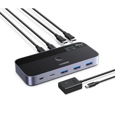 Imagen de UGREEN Switch USB C 3.2 10Gbps Comutador KVM Puertos para 2 PC Entradas 4 Salidas Sincronización de Archivos Teclado Ratón con Controlador del Escritorio e Incluye Cables
