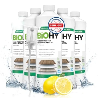 Imagen de BiOHY Detergente robot de limpieza (6 botellas 1 litro) + Dosificador Limpiador para los suelos madera parquet y laminado Concentrado con fragancia fresca (Wischroboter Holz)