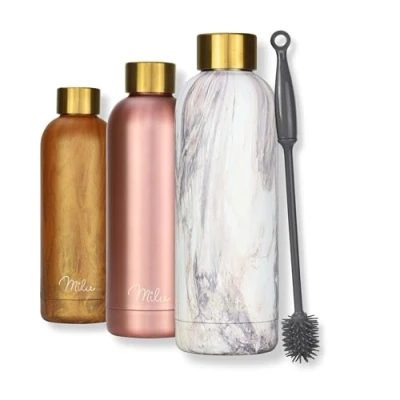 Imagen de Milu botella de agua 500, 750, 1000ml térmica acero inoxidable aislada a prueba fugas, doble pared, para bebidas carbonatadas, incluye cepillo limpieza (Marmo rosa, 750ml)