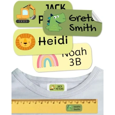 Imagen de Etiquetas para ropa SIN PLANCHAR resistentes a los lavados. Pegatinas personalizadas material escolar. Adhesivas niños, guardería y colegios. (Dinosaurios, 100 Etiquetas)