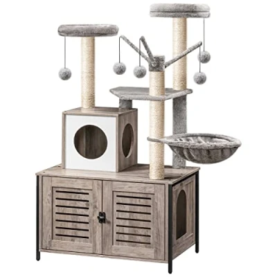 Imagen de HOOBRO Árbol para Gatos con Cajón de Arena, Mueble una Pieza Interior, Arena Oculto, Mordedor Desmontable Borlas, Gris EBG14MZ03