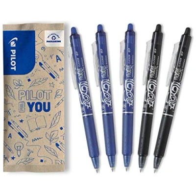 Imagen de Pilot Frixion Clicker Bolígrafo de tinta gel borrable y recargable con mecanismo presión termosensible, juego 5 unidades, color azul negro, punta media