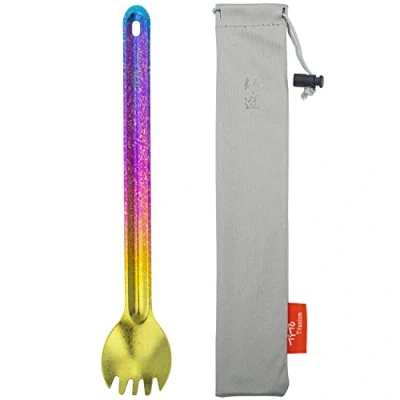 Imagen de TiTo Titanium Cuchara de Mango Largo Titanio Spork con Bolsa Almacenamiento Ultraligero Portabale Cubiertos para Acampar Hikking Utensilio(Brillante Colorido Spork)