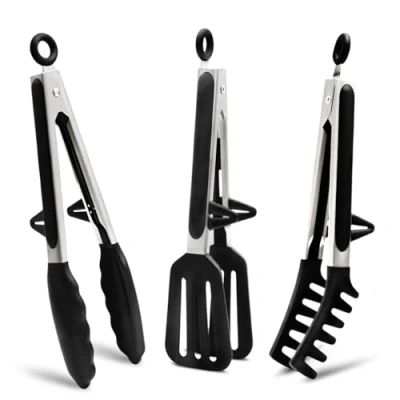 Imagen de LEAZZLE 3 Piezas 26 cm Pinzas Cocina Acero Inoxidable con Puntas de Silicona, Barbacoa, Utensilios para Pasta, Ensalada, Fideos, Cocinas (Negro)