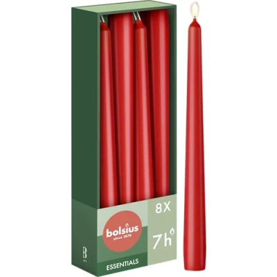 Imagen de Bolsius Velas cónicas Color rojo Paquete de 8 9.65 pulgadas decorativas para el hogar Tiempo combustión 7 horas Sin perfume Cera vegana natural aceite palma
