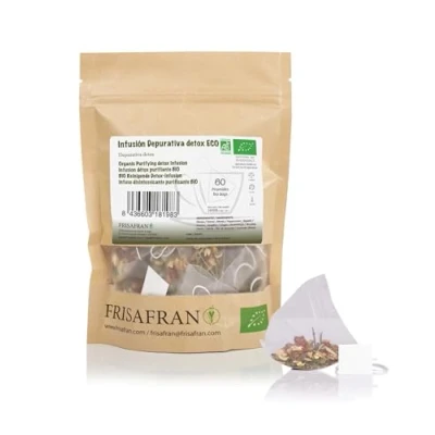 Imagen de FRISAFRAN Infusión depurativa Purificante Detox Ecológica en pirámides 60Ud 120g Digestiva Anti inflamacion Té drenante con efecto diuretico Propiedades Antioxidante Natural