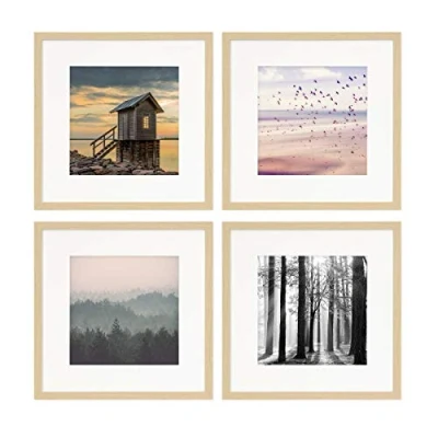 Imagen de PHOTOLINI marcos 30x30 cm madera MDF natural, set de 4 para pósteres con paspartú 20x20 cm, cristal acrílico, colgar y poner pie, incluye accesorios fotos, láminas