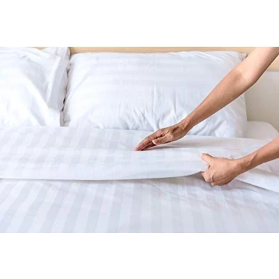 Imagen de Sibiles Juego Funda Nórdica Percal 200 Hilos de Satén Suave Tejido Cutí Rayas Blancas Hotel. (Cama 80)