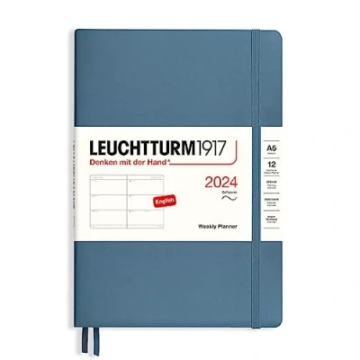 Imagen de LEUCHTTURM1917 367664 Agenda semanal, tapa blanda, tamaño mediano (A5) 2024, 12 meses, azul piedra, inglés