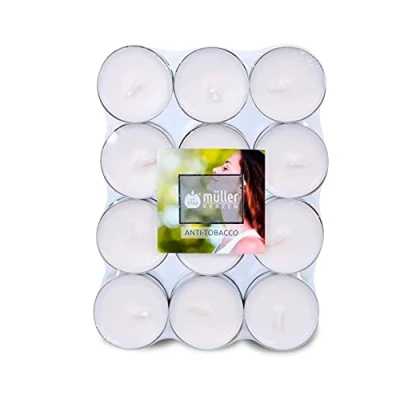 Imagen de Müller Kerzen Tealights velas perfumadas Fragancia Antitabaco 39 x 15 mm Duración 4 horas de cera color violeta Recipiente aluminio antigoteo Juego 24
