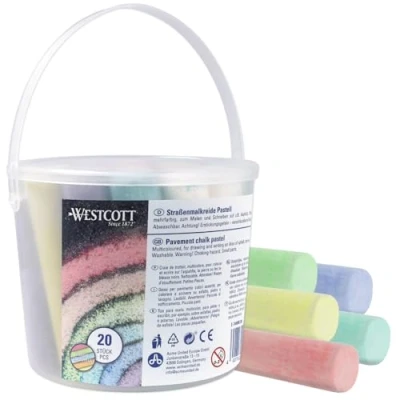 Imagen de Westcott tizas de pavimento pastel 20 coloridas para acera niños en un práctico cubo transporte fácil lavar Adecuado asfalto, pizarra o piedra E 744985 00