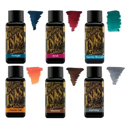 Imagen de Diamine Tinta para pluma estilográfica de 30 ml, rueda color, 6 botellas, roble otoñal, sira, macasar, Earl Grey, Aurora Borealis, crepúsculo