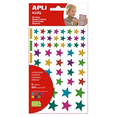 Imagen de APLI Kids 19453 Pegatinas estrellas multicolor , 6 hojas de gomets en forma ,en colores y tamaños surtidos, stickers con adhesivo removible