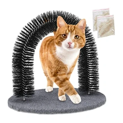 Imagen de Relaxdays Rascador para Gatos, Arco Masajeador, Quita Pelos, Masaje Juguete Mascotas, 38 x 36 28,5 cm, Plástico, Negro