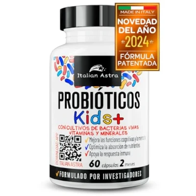 Imagen de Probioticos Niños, FÓRMULA DESARROLLADA POR INVESTIGADORES, Flora Intestinal y Sistema Inmunitario, Cápsulas Abribles Disolubles en Agua/Jugo, Vitamina C, D Hierro 60 2 Meses