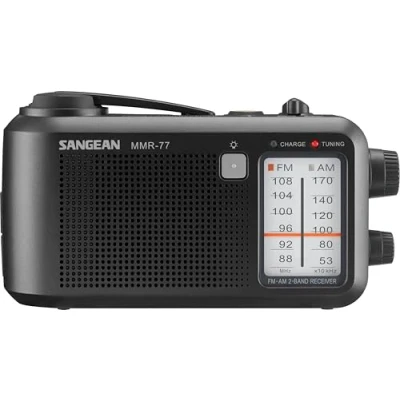Imagen de Sangean MMR 77. Radio Am/FM de Emergencia con Varias Opciones alimentación. Alimentación por dínamo/batería/Adaptador CA. Dial sintonización retroiluminado. Indicador LED Carga