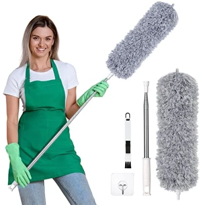Imagen de Vicloon Plumero de Limpieza, Microfibra con 2 en 1 Ranuras Cepillo Extensible Ajustable Lavable 245cm Barra Telescópica para Ventanas Persianas Muebles Coches Gris