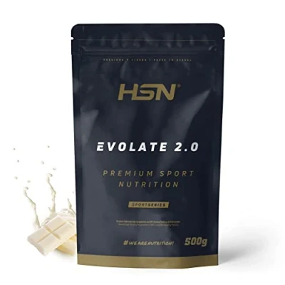 Imagen de Aislado de Proteína Suero HSN Evolate 2.0 Sabor Chocolate Blanco 500 g = 16 Tomas por Envase Whey Protein Isolate CFM + Enzimas Digestivas No GMO, Vegetariano, Sin Gluten ni Soja
