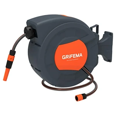 Imagen de GRIFEMA, G301 25 Carrete de Manguera Jardín Automático, Enrollador Pared M con Rotación 180 grados, Boquilla Ajustable, Gris [Exclusivo en Amazon]