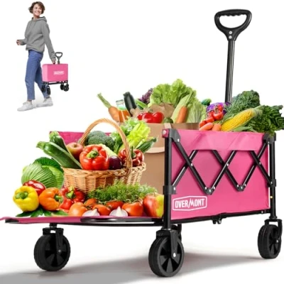Imagen de OVERMONT Carro Plegable 220 Libras extendido Resistente utilitario con Ruedas Carrito Ligero de 100 L para jardín, Compras, comestibles, Deportes, jardín Rosa