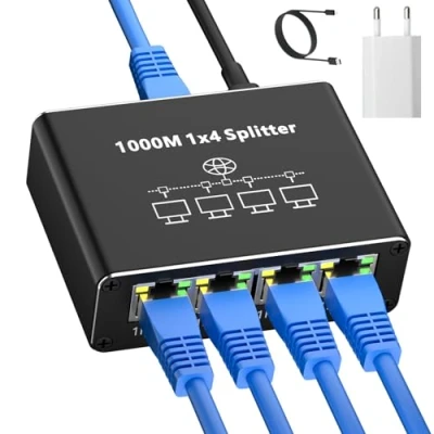Imagen de AOUZEA Switch RJ45 4 Ports 1000 Mbps Ethernet, 1 a Hub Ethernet Network Splitter Con Cable de Alimentación USB C y Enchufe para Ordenadores, Conmutadores, Descodificadores, Televisores