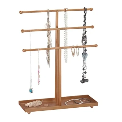 Imagen de Relaxdays Soporte Expositor Joyas, 3 Barras, Forma T, Collares, Pendientes, Pulseras, con Balda, Metal, Joyero, Broce, Hierro, 40 x 31 11 cm