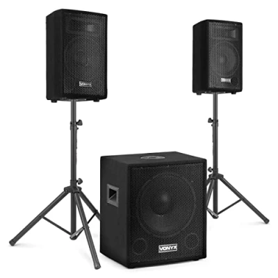 Imagen de Vonyx VX1015BT 2.1 Conjunto Altavoces Activos Compuesto por un subwoofer Amplificado de 15 y Dos satelites pasivos 10&quot;, EQ 2 Bandas, Bluetooth, Echo para micrófono, Incluye trípodes Cables