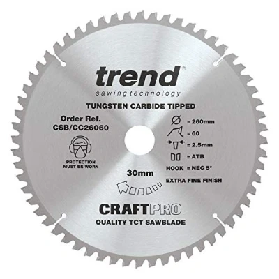 Imagen de Trend CraftPro Hoja de sierra circular TCT corte transversal con gancho negativo, 260 mm diámetro x 60 dientes 30 interior, punta carburo tungsteno, CSB/CC26060
