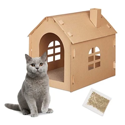Imagen de Relaxdays Casa Gatos Cartón, Cueva Felinos Rascador, para Montar, Incluye Hierba Gatos, 46 x 36,5 42,5 cm, Marrón