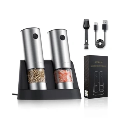 Imagen de FORLIM Molinillo Pimienta Eléctrico, Recargable USB, con Base Lavable Extraíble, Especias Led Luz, núcleo de molienda cerámico Ajustablee, Acero Inoxidable, Juego 2(Plata)