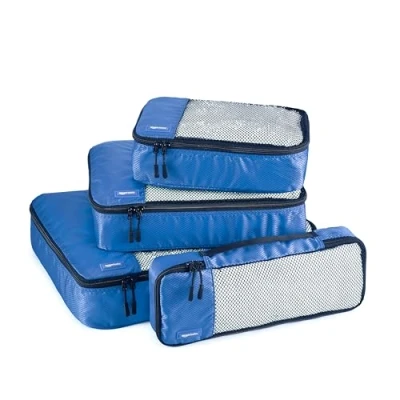 Imagen de Amazon Basics Organizador Para Maletas, Organizadores de Viaje, con Cremallera, Juego 4 Bolsas, Grande/Mediano/Pequeño/Delgado, Azul