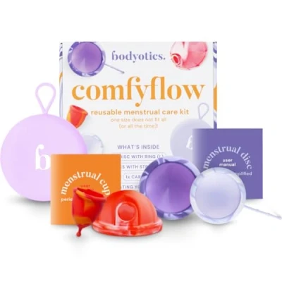 Imagen de Bodyotics Comfyflow Period Care Pack Copa Menstrual Reutilizable y Discos Menstruales con Cuerda Anillo en Bolsa de Transporte Comfort Fit para Uso Versátil, Incluye Guía