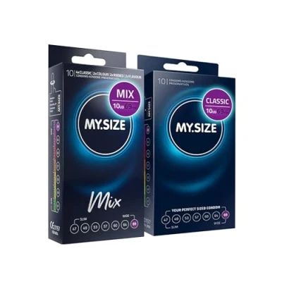 Imagen de My.SIZE Mix SET Tamaño 7, 69 mm: 10 condones clásicos + en 4 emocionantes variedades, con aroma, color, textura y clásicos.