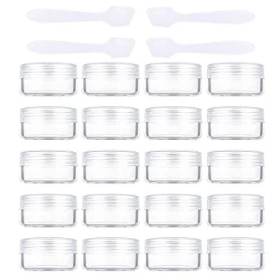Imagen de 20 Piezas Tarros de Crema 10g / 10ml Vacío Plástico Transparente Contenedor Cosméticos para Cosmética Sombra Ojos Uñas Polvo Envase con 4 Mini Espátula (Transparente)
