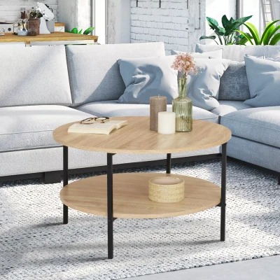 Imagen de IDMarket Mesa baja doble bandeja redonda Detroit 70 cm diseño industrial