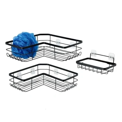 Imagen de Amazon Basics Organizador de ducha adhesivo acero inoxidable en forma L, 3 Unidad, color negro