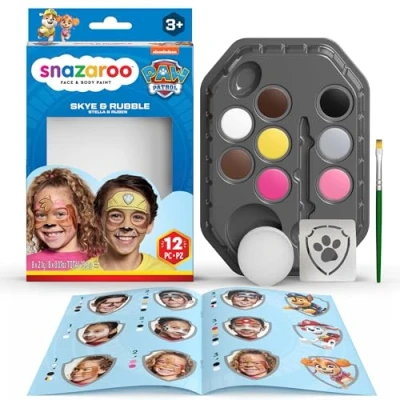 Imagen de Snazaroo Kit Maquillaje Patrulla Canina Skye &amp; Rubble Aguacolores para Niños Y Adultos, 8 Colores, 1 Plantilla, Pincel, Esponja, Guía, Base Agua, Pintacaras