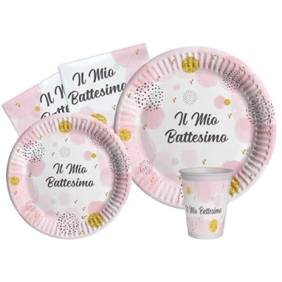 Imagen de Ciao Kit Vajilla de Fiesta Battesimo para 8 personas (44 pcs: platos Ø23cm, Ø18cm, vasos 250ml, 20 servilletas 33x33cm) papel compostable eco friendly, rosa
