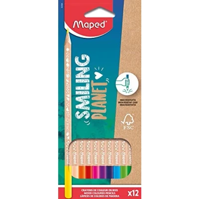 Imagen de Maped Lápices de Colores Colección Smiling Planet Estuche 12 Unidades Minas Resistentes Diseño Lúdico Fabricados con Fibra Madera Sostenible