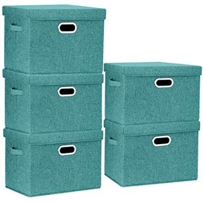 Imagen de TYEERS Grandes Cajas de Almacenaje con Tapa, Tela, Lavable, Organizadoras, 44x30x29 cm, Juego 5, Aqua Deep
